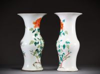 Chine - Paire de vases famille rose en porcelaine polychrome émaillée à décor de fleurs et papillon, époque Qing, XIXème.