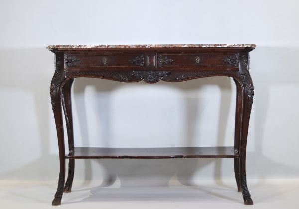 Liège console table, finely carved belt, curved legs ending in a goat's paw, marble top, 18th century.