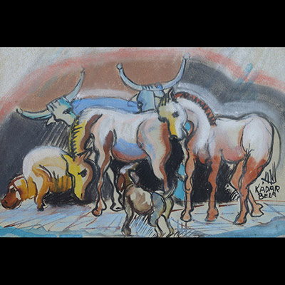 Béla KADAR (1877-1956) Chevaux et buffles, aquarelle sur papier.