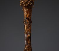 Art Populaire - Carved wooden cane decorated with circus characters and animals, 19th century.