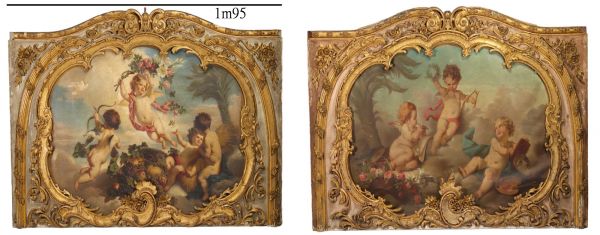 Très importante paire d'éléments architecturaux en bois doré orné d'huiles sur toile aux Putti, XVIIIe siècle.