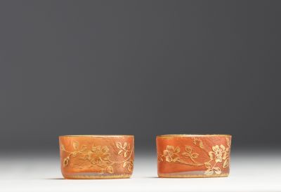 DAUM Nancy - Pair of salerons in acid-etched glass decorated with flowers enhanced with gold, signed.