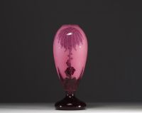 Le Verre Français - Acid-etched multi-layer glass vase decorated with dahlias, signed.