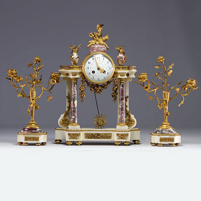 Louis XVI style portico clock and candlesticks in Carrara marble and gilt bronze
