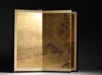 Japan - Gilded folding screen with bamboo landscape.