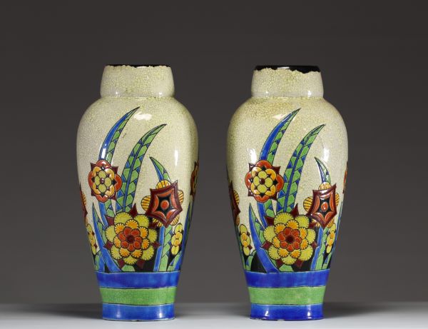 Boch Keramis - Pair of Art Deco glazed ceramic vases with floral and geometric decoration, stamped under the pieces, circa 1930.