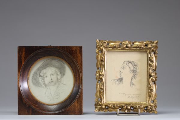 Paire de miniatures, portraits au crayon sur papier.