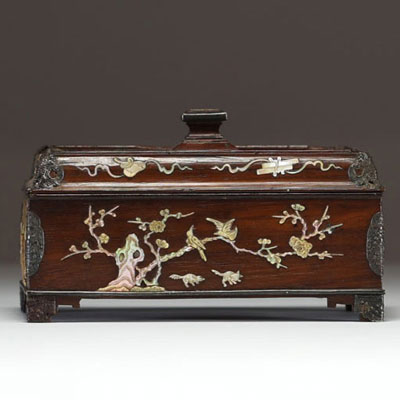 China - Exotic wood case with mother-of-pearl relief inlays, circa 1900.