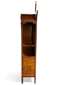 Art Nouveau walnut display cabinet, richly inlaid with irises, water lilies and dragonflies, Ecole de Nancy, circa 1900.