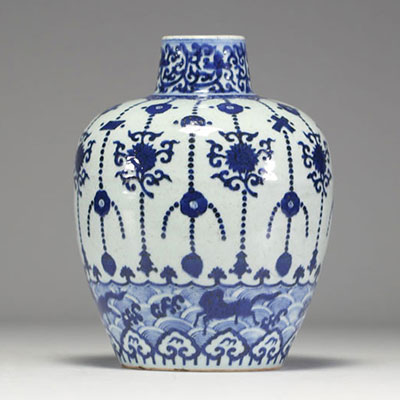 China - White-blue porcelain vase with floral and horse decoration, blue mark underneath, Ming period