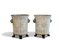 Pair of enamelled cast-iron orange tree pots with lambrequin decoration from the Cristallerie émaillerie Saint-Joseph-du-Bourget, Napoleon III period.
