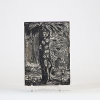 Rare ensemble de deux planches gravées en bois, probablement destinées à l’impression d’images religieuses issues de l’Imagerie d’Épinal. La première représente une Pietà entourée des instruments de la Passion, encadrée d’une mandorle foisonnante de détails gothiques. La seconde illustre le martyre de saint Sébastien, attaché à un tronc de palmier dans un décor boisé, un village médiéval en arrièr