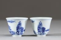 Chine – Paire de petites coupes en porcelaine blanc bleu à décor de lettrés à cheval sous les pins, marque apocryphe de Kangxi  Paire de coupes évasées en porcelaine à décor en bleu sous couv