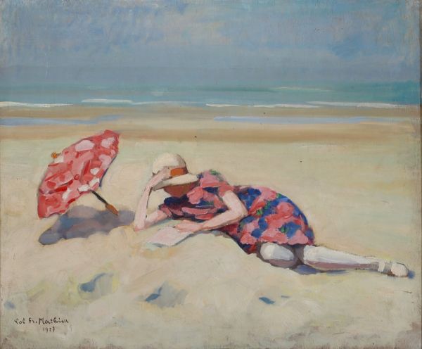 Pol François MATHIEU (1895-1979) “Lecture en bord de mer” Oil on panel, signed and dated 1917.