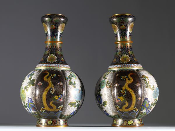 China - Pair of cloisonné enamel vases with flowers and dragons, Qing dynasty, circa 1900.