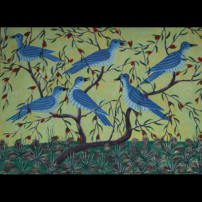MUILA or MWILA (XX) ‘Les oiseaux’ Oil on African canvas, Lubumbashi, DRC, signed.