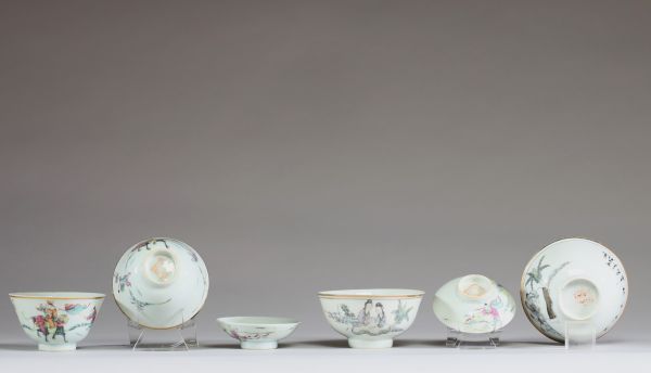Chine - Ensemble de diverses porcelaines de la famille rose, composé de bols, de pochons et d'assiettes (28 pièces)