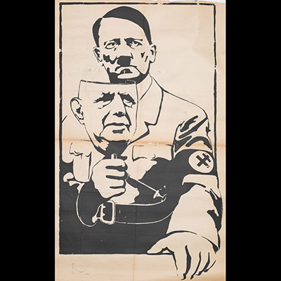 Mai 68 – (De Gaulle en Hitler)  Affiche originale réalisée en sérigraphie couleur noir. Cachet illisible, toute sa marge non coupée, traces de plis avec des petits manques au centre. Non entoilée  117X85,2 cm