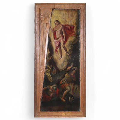 Scène de Résurrection ou Ascension du Christ Huile sur bois –XVIIe siècle  (probablement italienne ou espagnole) Fragment d’un panneau d’autel ou de prédelle.