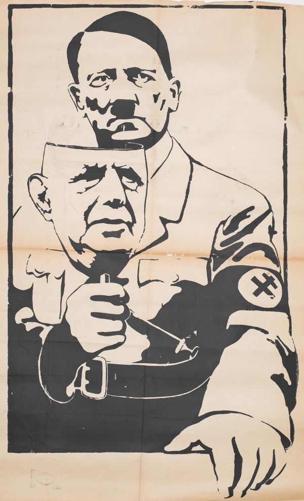Mai 68 – (De Gaulle en Hitler)  Affiche originale réalisée en sérigraphie couleur noir. Cachet illisible, toute sa marge non coupée, traces de plis avec des petits manques au centre. Non entoilée  117X85,2 cm