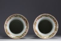 China - A pair of famille rose porcelain vases decorated with dignitaries, courtesans and poems, 19th century.