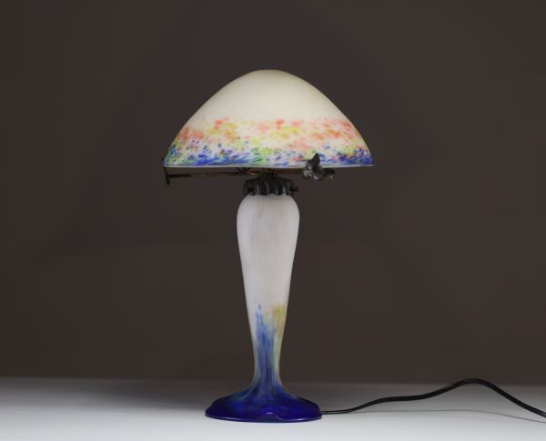 Le Verre Français - Art Nouveau mushroom lamp in marmorated glass.