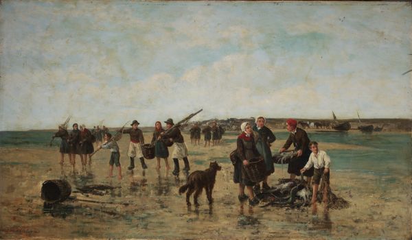 Emile Adélard BRETON (1831-1902) ‘Fishing by the sea’ Oil on canvas, signed.