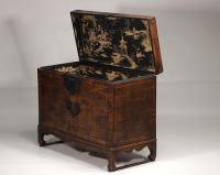 China - Wooden chest decorated with a tapestry, 19th century.