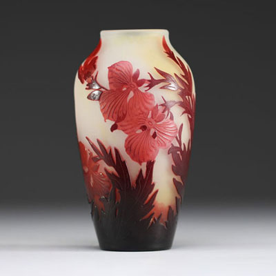 Émile GALLÉ (1846-1904) Acid-etched multi-layered glass vase with floral design, signed.
