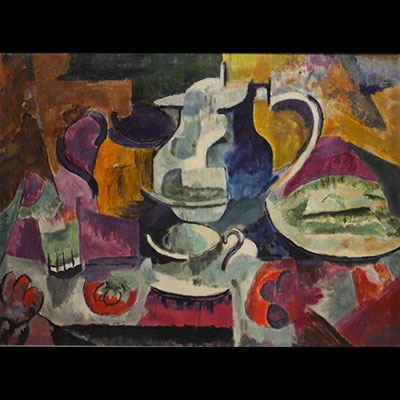 Cubist composition, still life, unsigned oil on canvas, circa 1940.