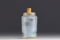 DAUM Nancy - Small perfume bottle in acid-etched frosted glass, enamelled decoration of water lilies, signed.