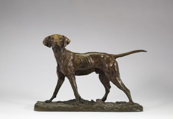 Pierre-Jules Mène (1810–1879). Épreuve en bronze à patine brune figurant un épagneul. Signée sur la terrasse. Travail français du XIXᵉ siècle.