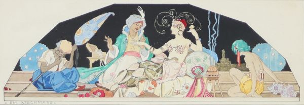 Emile Berchmans (1867–1947) Jeunes orientales – Aquarelle, période Art Déco  Scène élégamment stylisée représentant un groupe de jeunes femmes orientales en conversation, dans un décor intérieur