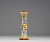 China - Gu vase in polychrome porcelain with floral decoration, blue mark under the piece.