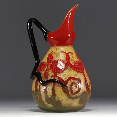 Le Verre Français - Acid-etched multi-layered glass jug with rose decoration.