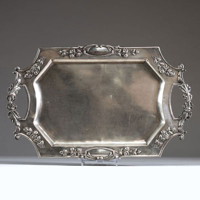 Plateau en argent massif de style Louis XVI pour un poids total de 1090gr.