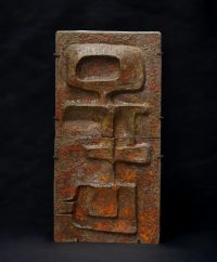 Imposing Brutalist glazed ceramic in two parts on a metal base, circa 1960.
