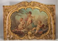 Très importante paire d'éléments architecturaux en bois doré orné d'huiles sur toile aux Putti, XVIIIe siècle.