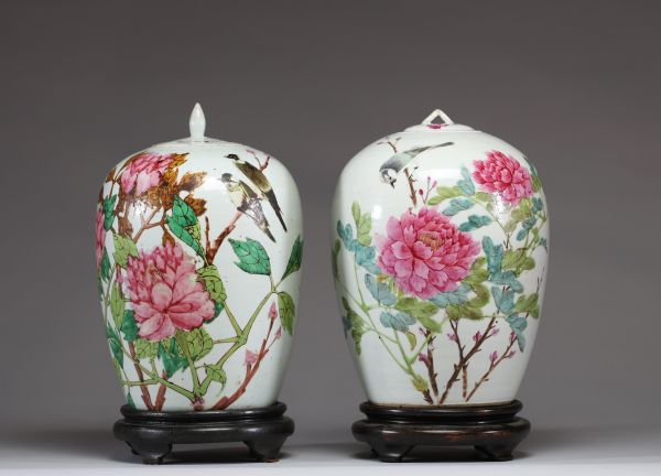 Chine - Paire de pots couverts en porcelaine polychrome Qianjiang cai à décor d'oiseaux et de pivoines, vers 1900.
