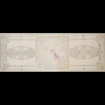 Attribué à Privat Livemont (1861–1936) Projet de plafond Art nouveau – Vers 1900 Dessin et aquarelle sur papier  Ce grand dessin aquarellé, probablement un projet décoratif pour un plafond, illustre la rencontre harmonieuse entre géométrie architecturale et végétation stylisée, dans l’esprit le plus pur de l’Art nouveau belge. L’ensemble est structuré autour d’un médaillon central circulaire, dans