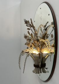 Maison Bagues - Rare pair of large sconces forming baskets of flowers in metal and glass topped with moulded glass parrots.