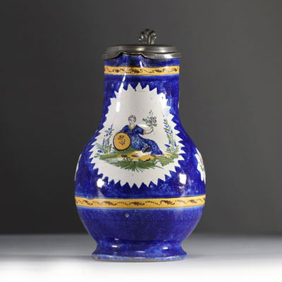 Brussels polychrome earthenware jug with pewter lid, early 19th century.