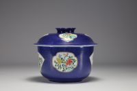 Chine- Pot couvert en porcelaine bleu poudré, cartouche à décor floral, époque Kangxi