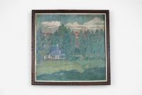 Maurice Guilbert (1876-1933), huile sur toile, la maison au toit bleu, signé en bas à droite. La signature est à peine lisible à cause d’un repeint effectué par l’artiste.