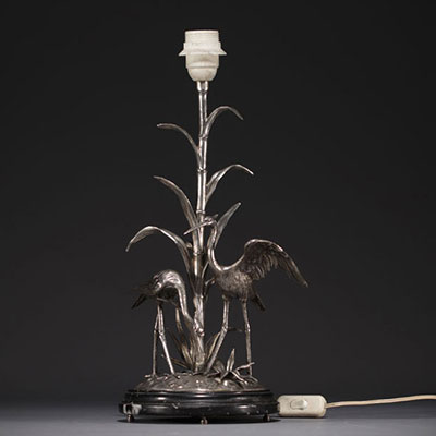 Silver-plated metal desk lamp with ibis, signed Figudo, France, Art Nouveau period.