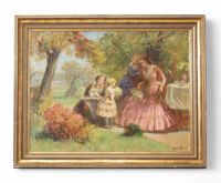 Imre GERGELY (1868–1914) Huile sur toile scène romantique dans un jardin arboré, animée de figures féminines