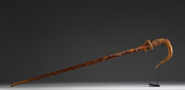 Art Populaire - Carved wooden cane decorated with circus characters and animals, 19th century.