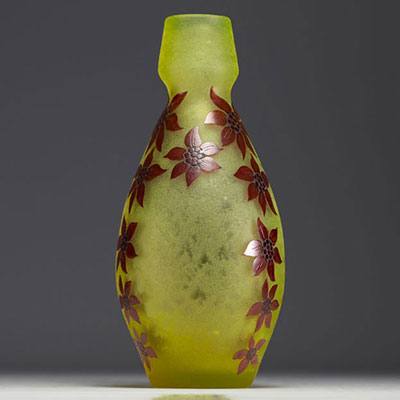 François - Théodore LEGRAS (1839-1916) Acid-etched multi-layered glass vase decorated with enamelled flowers, signed.