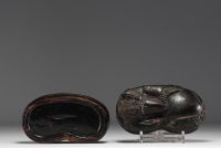 Asia - Carved and lacquered wooden box in the shape of a buffalo.