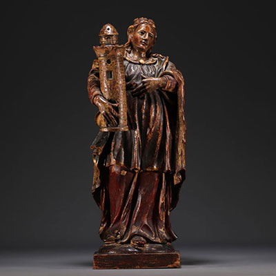Statue de Sainte-Barbe - polychrome wooden sculpture from 18th century.